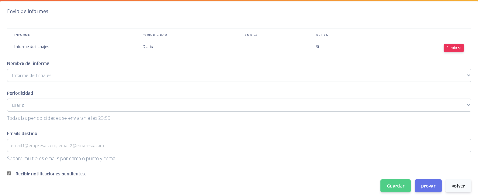 Figura 5. Configuración de envío de informes